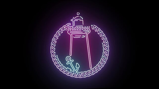 Neon Lighthouse Emblem Glowing in Purple and Blue Lines Against a Deep Dark Background Cinematic Motion Graphic Animation Displaying Maritime Nautical Symbolism with Smooth Flickering Light Transition