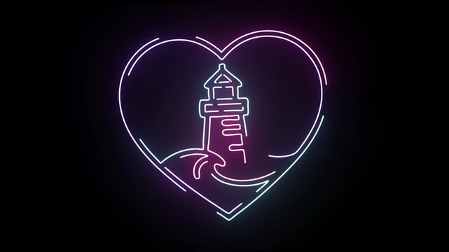 Vibrant Neon Heart Graphic Animation Featuring A Glowing Lighthouse Outline Surrounded By Rolling Ocean Waves Design Isolated On A Pure Black Background For Creative Visual Content Projects And Media