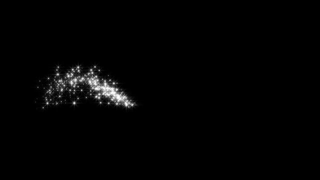 Glowing light effect glitter loop star, white cartoon doodle sparkles glitter. Magical white glitter star path motion with twinkling light effects on black background in 4k.