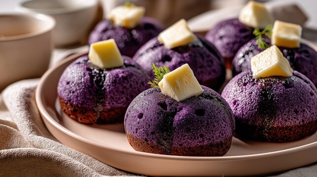 Close-up of purple ube puto topped with cheese slices on a plate. Traditional Filipino steamed rice cake dessert. Sweet and savory baked pastry