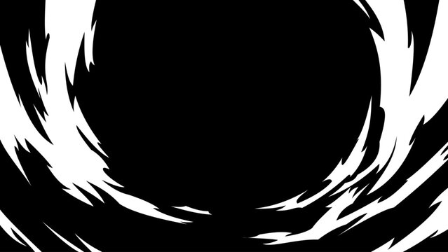 Dynamic manga vortex swirl with rough brush ink texture. Abstract black and white spiral energy effect for anime action scenes, comic transitions, motion graphics, power attacks, backgrounds.