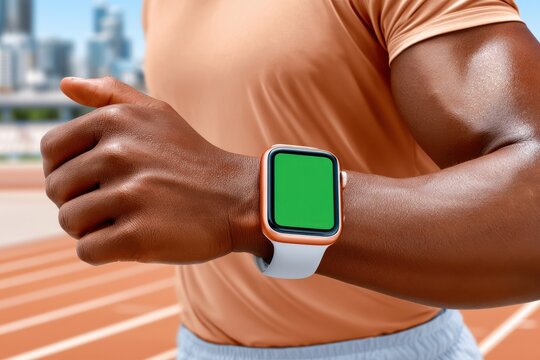 Runner checking smartwatch for fitness tracking during outdoor track workout
