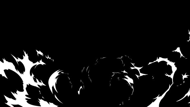 Abstract manga smoke explosion with rough brush ink texture. Dynamic black and white comic cloud effect for anime action scenes, battle impacts, transitions, overlays, motion graphics.