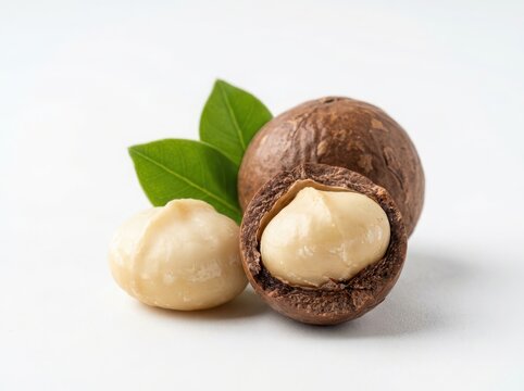 Fresh macadamia nuts with green leaves isolated on white background