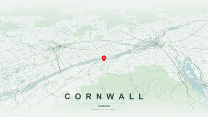 Minimalist vector map of Cornwall, Ontario. High-quality scalable illustration of Cornwall geographic boundaries, St. Lawrence River and St. Lawrence Seaway shoreline networks for posters design. © AliRza