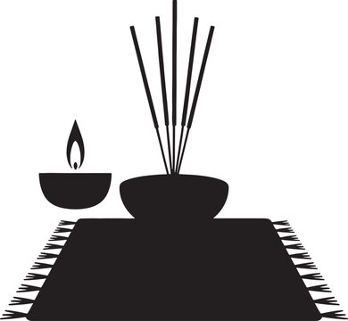 Black silhouette of incense sticks and a burning oil lamp on a prayer mat for spiritual meditation and zen wellness