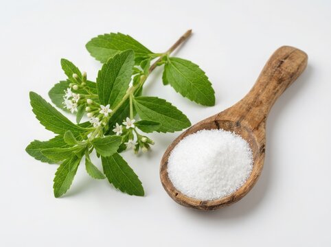 Fresh green stevia leaves and a wooden spoon with white natural sugar substitute powder for healthy cooking isolated on white background