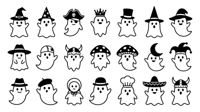 Ghost Face Head Outline Icon Set Vector Illustration with Fun Hat Accessories Collection for Halloween Line Art