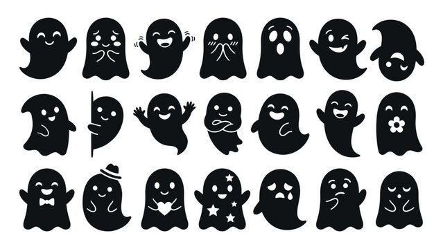 Cute Ghost Emoji Face Set Black Silhouette Vector Illustration with Funny Expression Halloween Character Icons