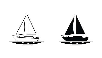 Sailing boat on water icon set with detailed line art and solid black silhouette styles for nautical and maritime design themes © Sakibul Hasan