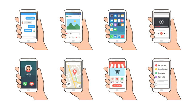 Smartphone App Vector Icons Messaging Photo Sharing Home Screen Video Player Contacts Navigation Shopping To-Do List Mobile UI Design Collection
