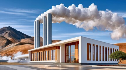 Fototapeta premium Modern geothermal power plant producing steam in a remote mountain landscape as renewable energy solution