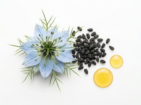 Nigella sativa flower with black cumin seeds and oil drops for natural herbal medicine and healthy food ingredient isolated on white background