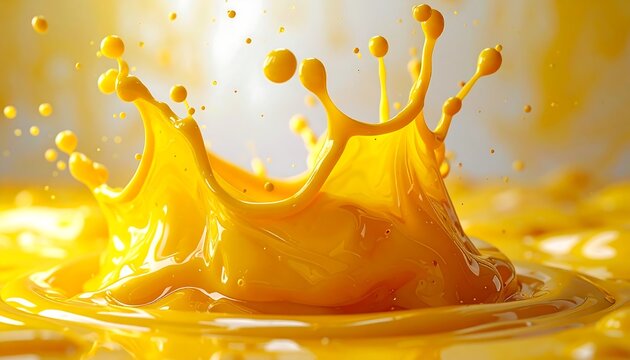 Close-up of yellow liquid splash with crown-like form, droplets, and vibrant texture