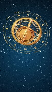 Zodiac signs revolve around an armillary sphere. Seamless looping. 3D animation. 4k.