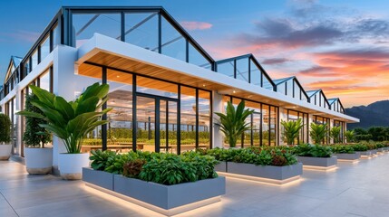 Fototapeta premium Modern rooftop greenhouse with illuminated planters and lush plants at sunset