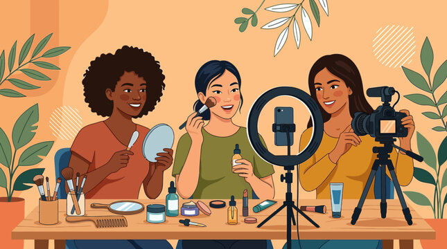 Three diverse young women collaborate on a vibrant beauty vlog, showcasing makeup tutorials and sharing their passion for cosmetics with an online audience.