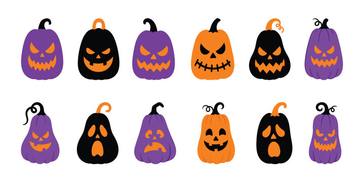 Halloween pumpkin jack o lantern face vector clipart set orange purple black spooky isolated on white background1