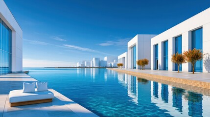 Fototapeta premium Massive seawater desalination plant on a sunny coastline with modern white buildings and reflecting pool