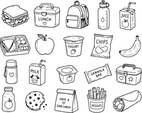 Hand drawn doodle set of school lunch food items and accessories Vector