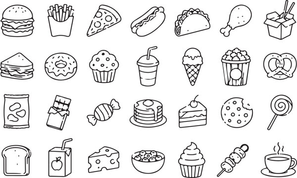Set of hand drawn fast food and snack icons on white background Vector
