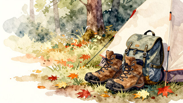 Camping gear in autumn forest watercolor illustration