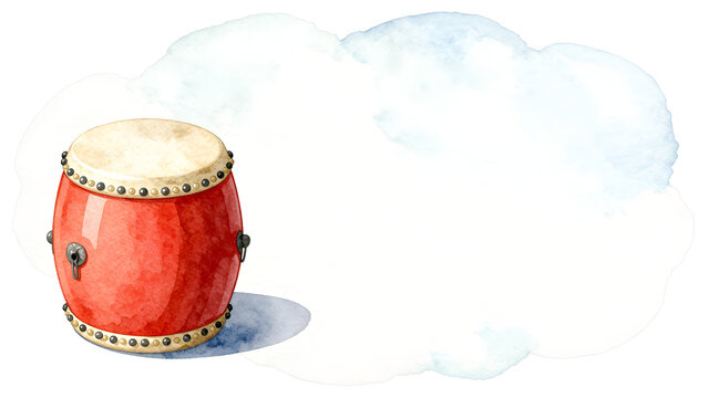 Red traditional drum watercolor illustration with cloud background