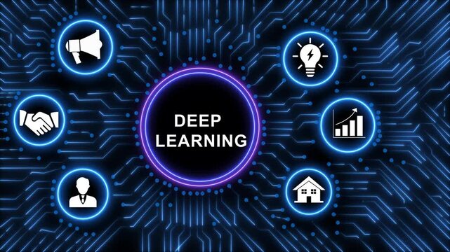 Advanced deep learning artificial intelligence technology concept featuring glowing digital circuit board background, with interactive business, and neural network, data processing visualization