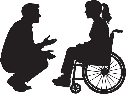 Man talking to a woman sitting in a wheelchair silhouette illustration Vector