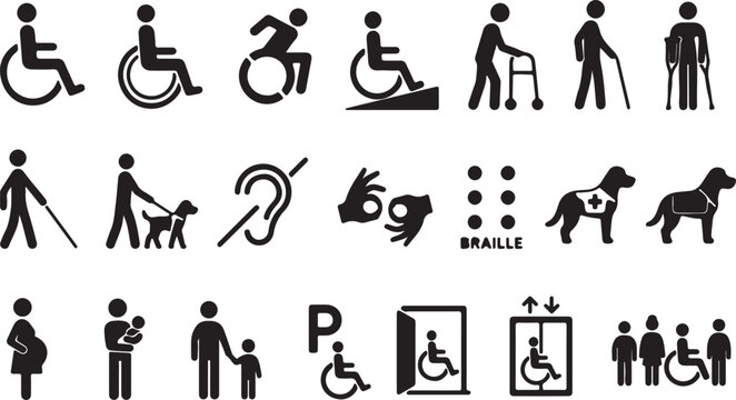 Set of black disability and accessibility icons for public signs Vector