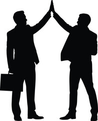 Fototapeta premium Silhouette of two business people in suits performing a five gesture while holding a briefcase isolated on a white background