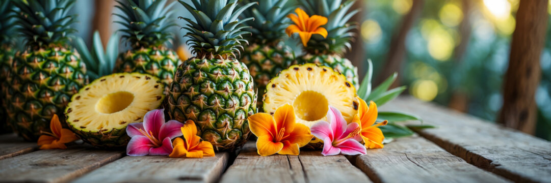 Wide banner poster with copy space for text yellow pineapples on table background AI Generative
