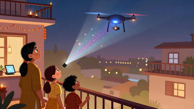 Indian family watching drone light show from balcony illustration