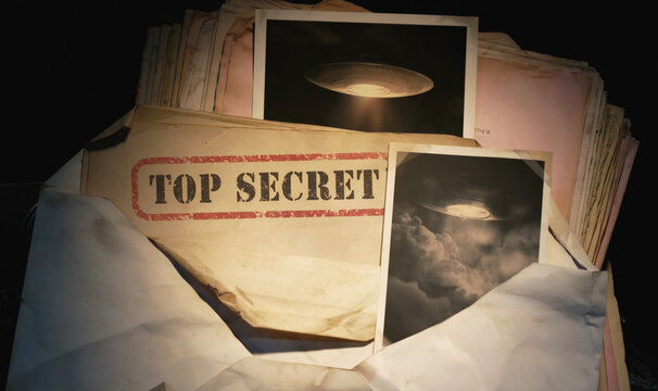 Top secret dossier contains UFO photographs and classified papers in a dramatic conspiracy investigation scene.
