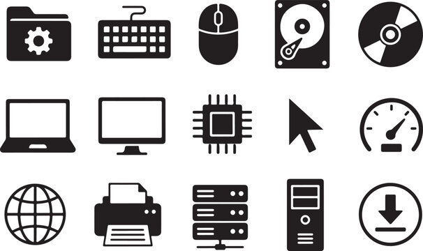 Set of black computer technology and hardware icons on white background Vector