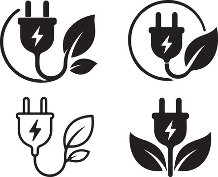 Set of black eco friendly electric plug icons with green leaves Vector