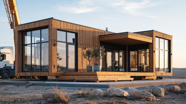 A modern wooden modular home is installed on a foundation with a crane and truck at sunset.