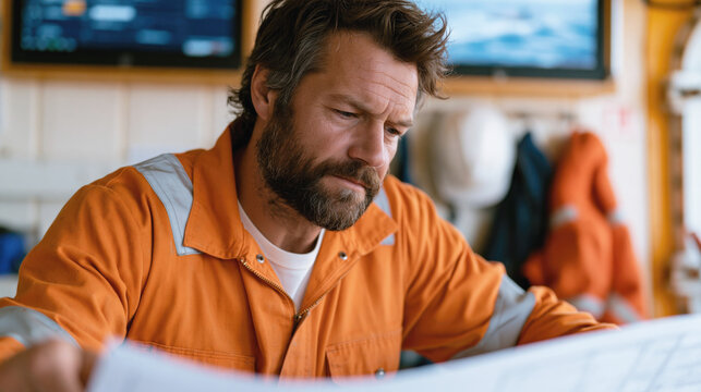 Offshore petroleum engineer reviews blueprints in an enclosed platform operations room with safety monitoring screens, hardhat, survival suit, and sealed pressure door.