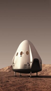 Descent Module Of Private Spacecraft On Surface Of Planet Mars. 3D Animation. 4k.