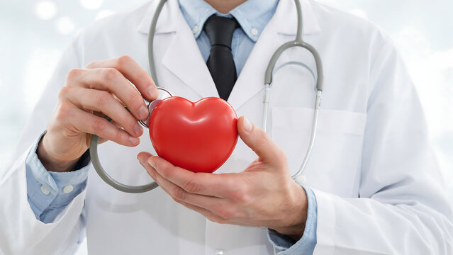 Doctor holding a red heart model to symbolize cardiovascular health and care
