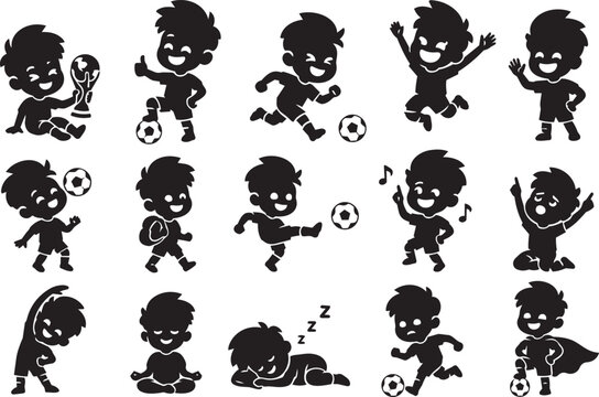 Cute Girl and Boy Silhouette Collection Cartoon Kids Character Vector Illustration Set Isolated on White Background