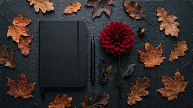 Black Notebook Flat Lay With Autumn Leaves and Red Dahlia