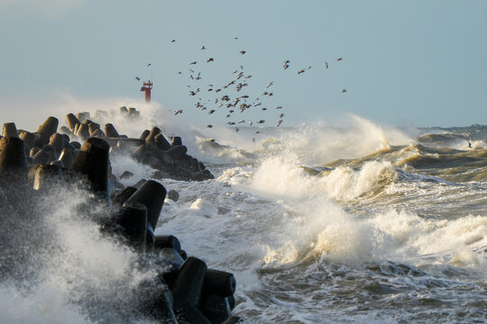 Raging Baltic Sea Waves Crashing Against Liepaja Harbor Breakwater as Seabirds Fly Over Stormy Coast