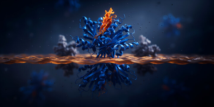 Complex protein molecule structure with orange filament in deep blue molecular environment during scientific research