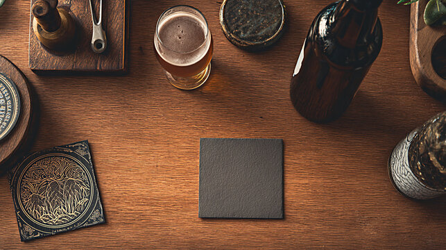 Dark wooden table with a blank gray coaster, a glass of beer, a bottle, and decorative elements including a plant and coasters in a cozy setting