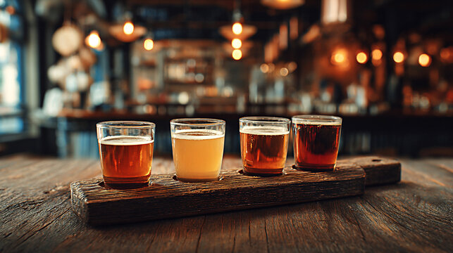Four glasses of craft beer in varying colors displayed on a wooden flight board inside a rustic bar with warm lighting and a cozy atmosphere