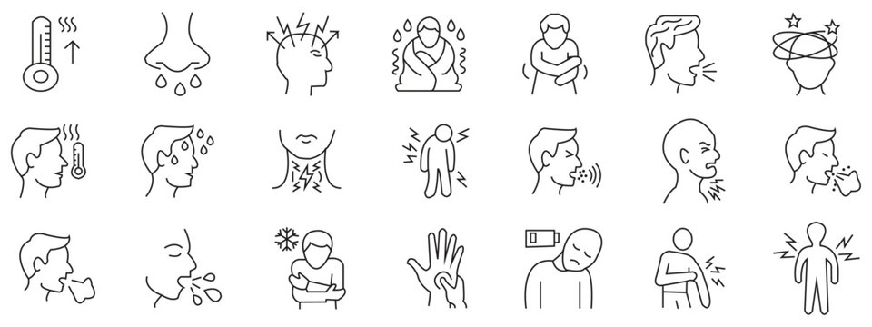 Medical Symptoms Line Icons Set Human Body Health Problems, Illness Signs, Disease Outline Vector Collection.