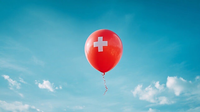 Red balloon with a white cross symbol floating against a clear blue sky, representing Swiss culture and national identity in a vibrant outdoor setting