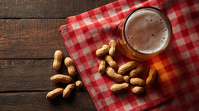 Glass of beer beside scattered peanuts on a red and white checkered napkin placed on a wooden table, creating a casual dining atmosphere