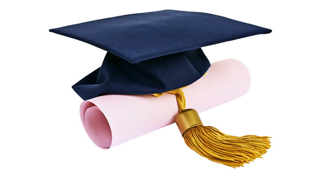 Dark blue graduation cap with golden tassel on pink diploma scroll, isolated on transparent background